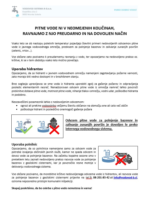 Pitne vode ni v neomejenih količinah, ravnajmo z njo preudarno in na dovoljen način